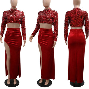 Women's 2 Piece Sequined Pearls Crop Top and Skirt Set