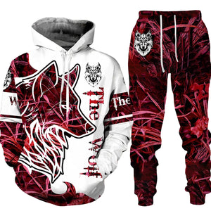 Men's 2 Piece 3D Hooded Wolf Print Tracksuit