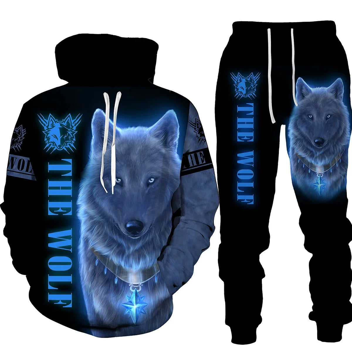 Men's 2 Piece 3D Hooded Wolf Print Tracksuit