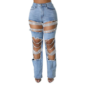 Women's Pearl Beading Ripped Designer Jeans