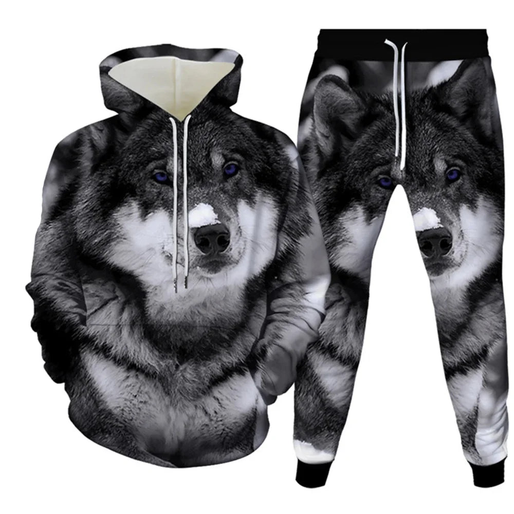 Men's 2 Piece 3D Hooded Wolf Print Tracksuit