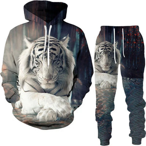 Men's 2 Piece 3D Hooded Wolf Print Tracksuit