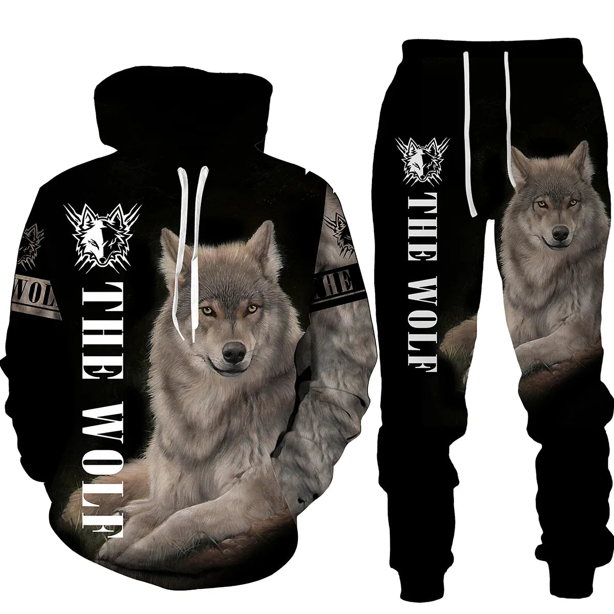 Men's 2 Piece 3D Hooded Wolf Print Tracksuit