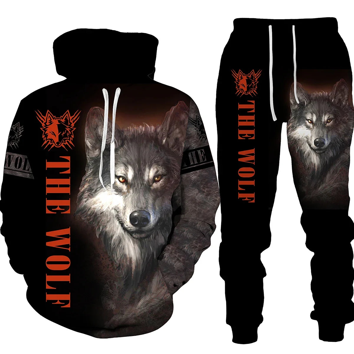 Men's 2 Piece 3D Hooded Wolf Print Tracksuit