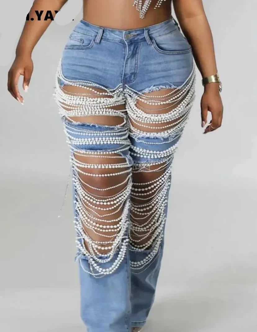 Women's Pearl Beading Ripped Designer Jeans