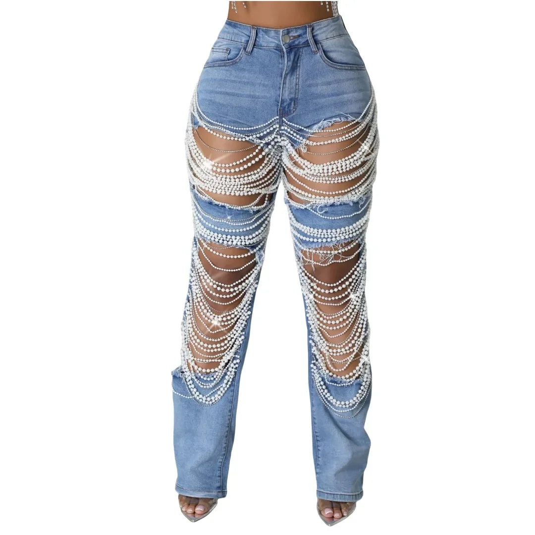 Women's Pearl Beading Ripped Designer Jeans