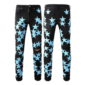 Boys Five-point Star Stitching Stretch Slim Jeans