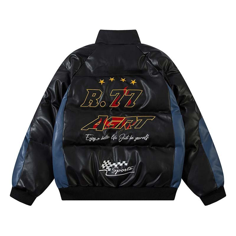 Men's Letter Embroidered Patchwork Leather Jacket