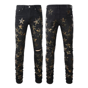 Boys Five-point Star Stitching Stretch Slim Jeans