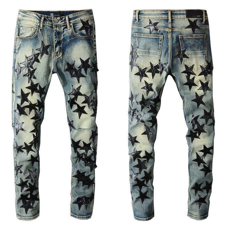 Boys Five-point Star Stitching Stretch Slim Jeans