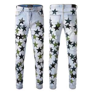 Boys Five-point Star Stitching Stretch Slim Jeans