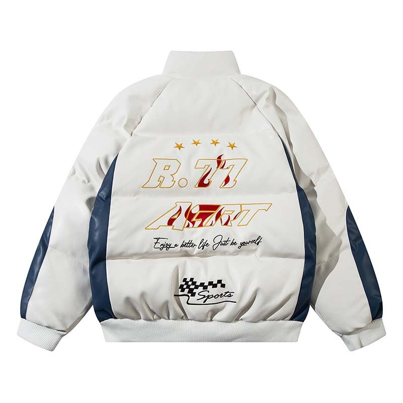 Men's Letter Embroidered Patchwork Leather Jacket