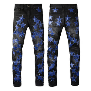 Boys Five-point Star Stitching Stretch Slim Jeans