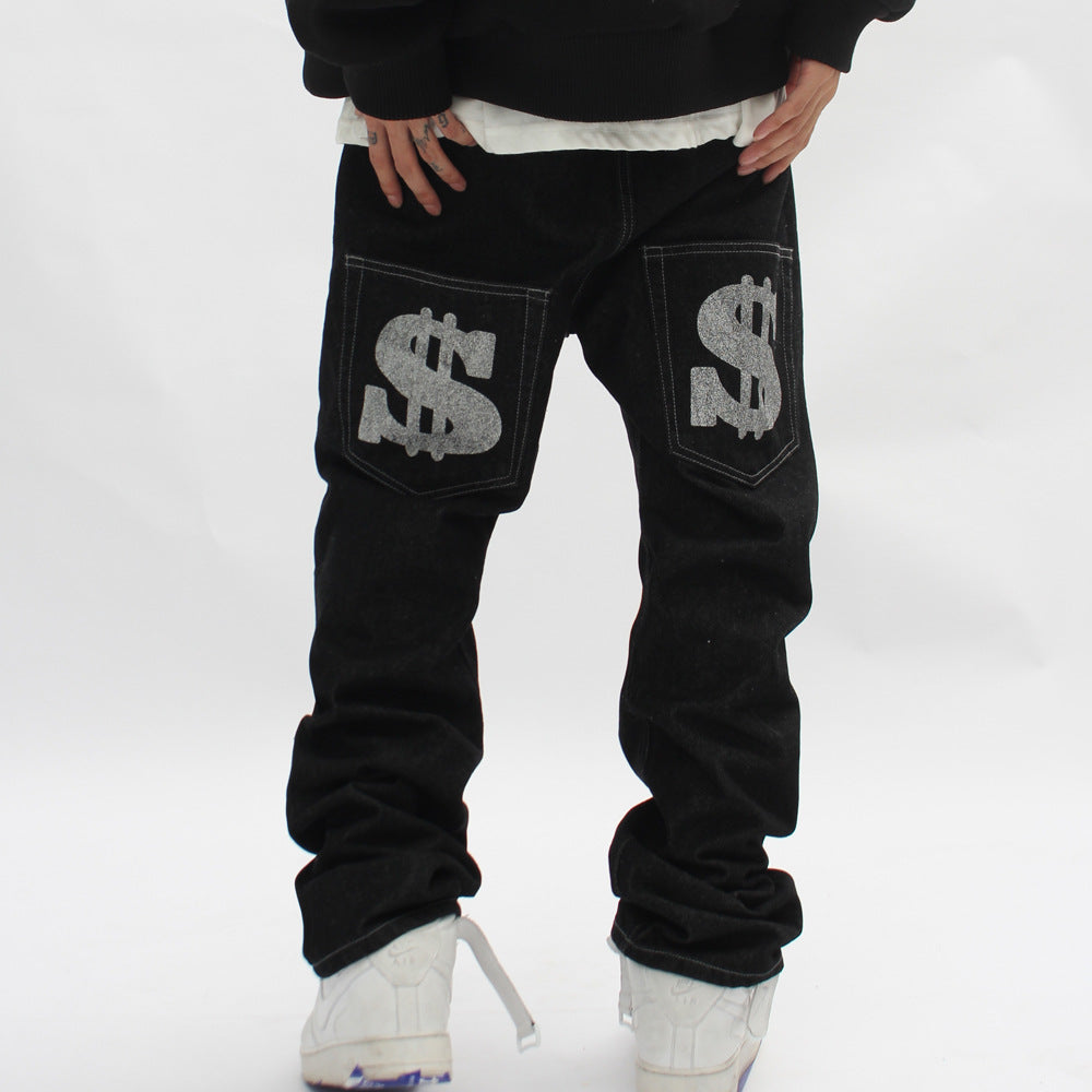 Boys Loose Straight Letter Print Jeans with $ on the back - Shirtafied