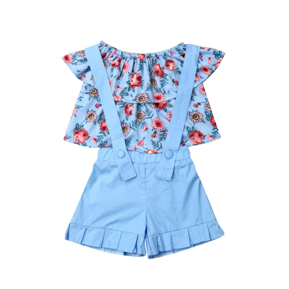 Girls Toddler 2 Piece Blue Floral Overalls Set - Shirtafied