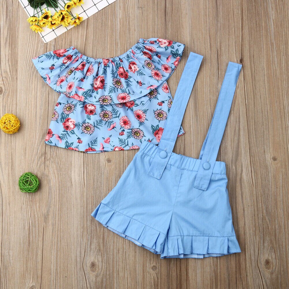 Girls Toddler 2 Piece Blue Floral Overalls Set - Shirtafied