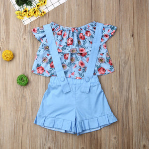 Girls Toddler 2 Piece Blue Floral Overalls Set - Shirtafied