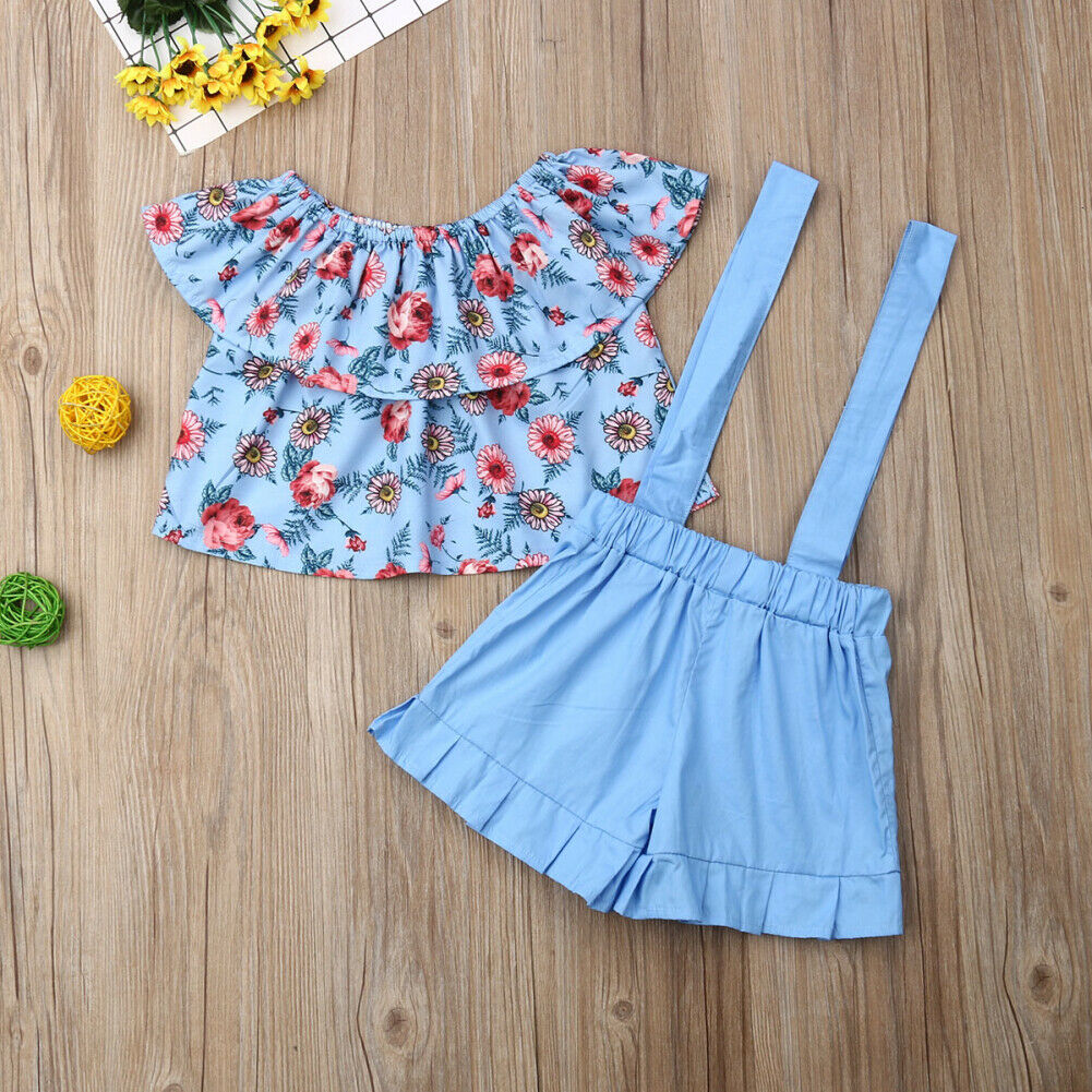 Girls Toddler 2 Piece Blue Floral Overalls Set - Shirtafied