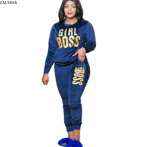 Women's 2 Piece Velvet Girl Boss Print Tracksuit - Shirtafied