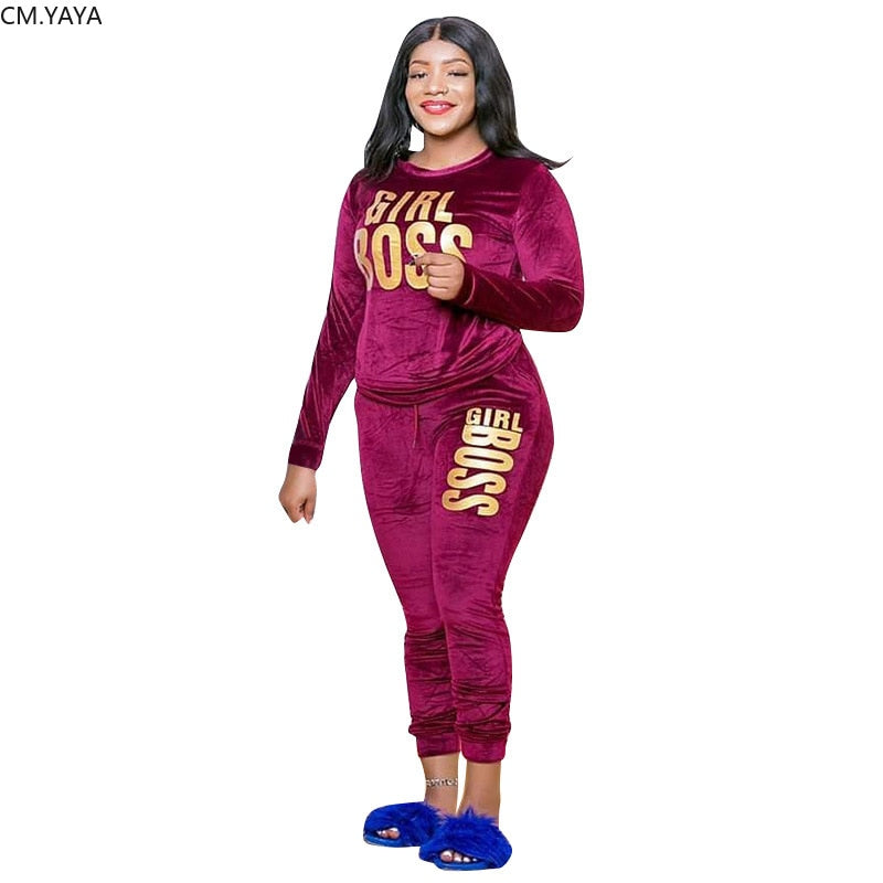 Women's 2 Piece Velvet Girl Boss Print Tracksuit - Shirtafied