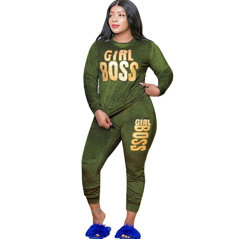 Women's 2 Piece Velvet Girl Boss Print Tracksuit - Shirtafied