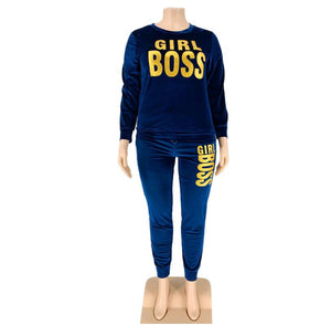 Women's 2 Piece Velvet Girl Boss Print Tracksuit - Shirtafied