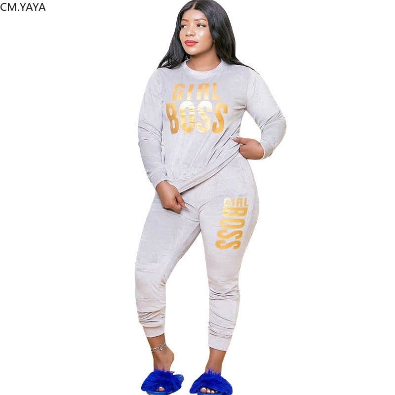 Women's 2 Piece Velvet Girl Boss Print Tracksuit - Shirtafied