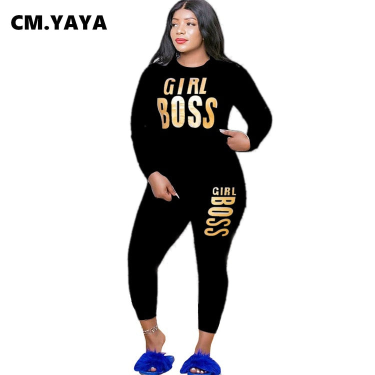 Women's 2 Piece Velvet Girl Boss Print Tracksuit - Shirtafied