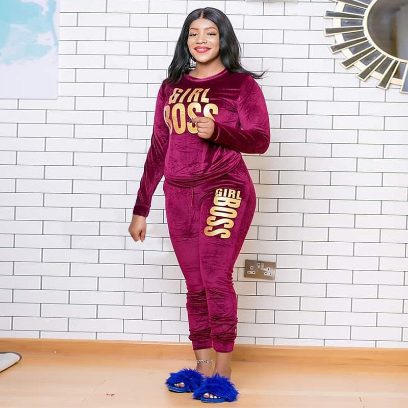 Women's 2 Piece Velvet Girl Boss Print Tracksuit - Shirtafied