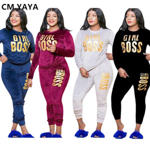 Women's 2 Piece Velvet Girl Boss Print Tracksuit - Shirtafied