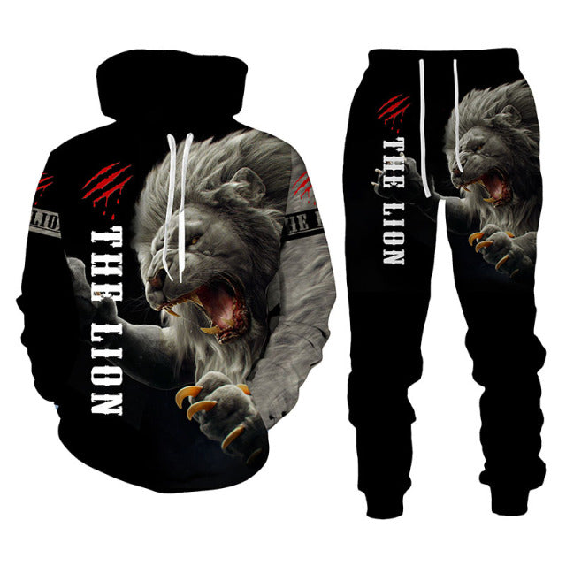 Men's 2 Piece 3D King Lion Print Tracksuit Hoodie Set - Shirtafied