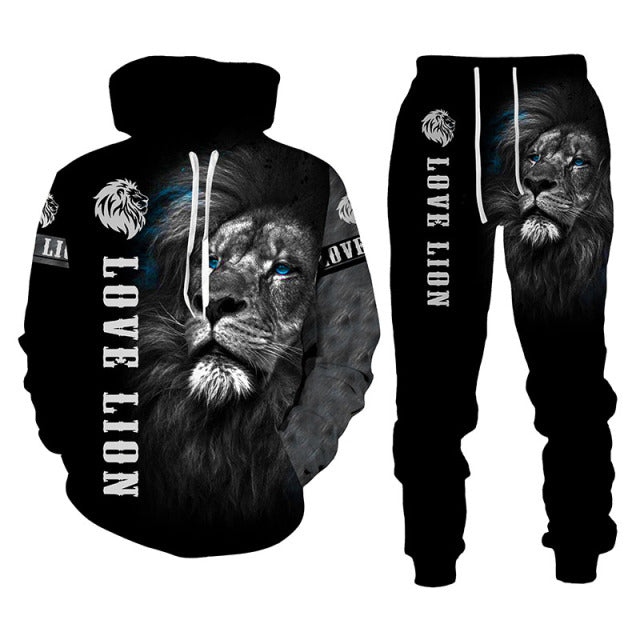 Men's 2 Piece 3D King Lion Print Tracksuit Hoodie Set - Shirtafied