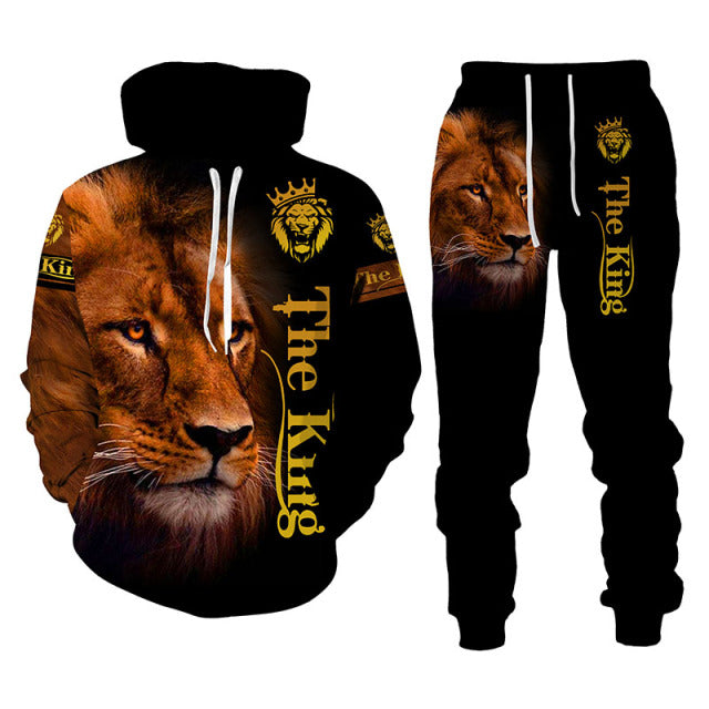 Men's 2 Piece 3D King Lion Print Tracksuit Hoodie Set - Shirtafied