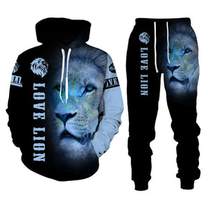 Men's 2 Piece 3D King Lion Print Tracksuit Hoodie Set - Shirtafied