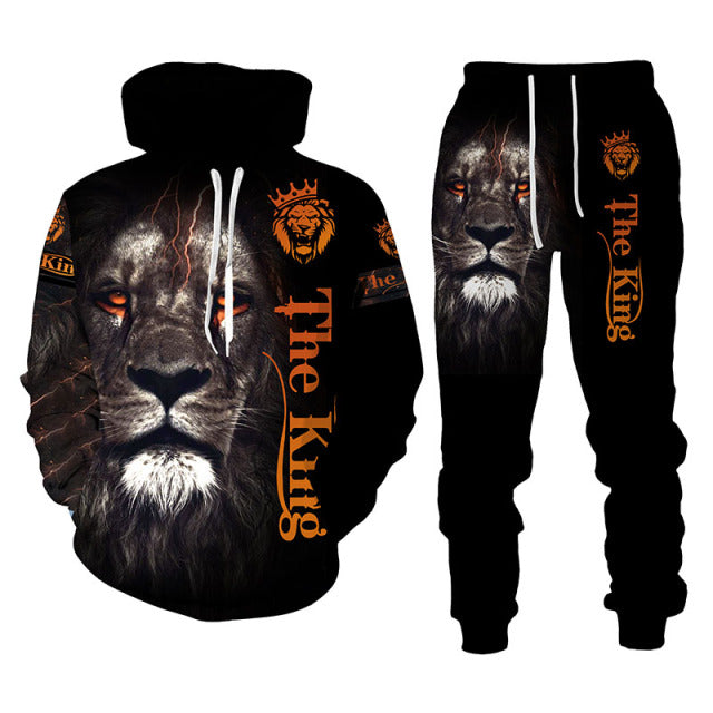 Men's 2 Piece 3D King Lion Print Tracksuit Hoodie Set - Shirtafied