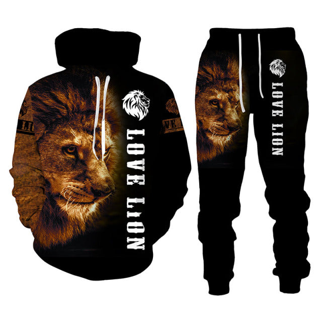 Men's 2 Piece 3D King Lion Print Tracksuit Hoodie Set - Shirtafied