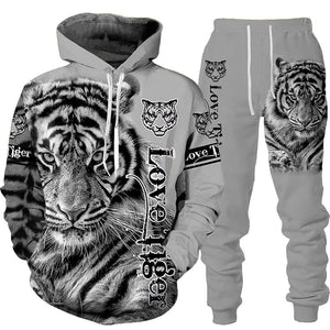 Unisex 2 Piece 3D Tiger Print Tracksuit Hoodie Set - Shirtafied