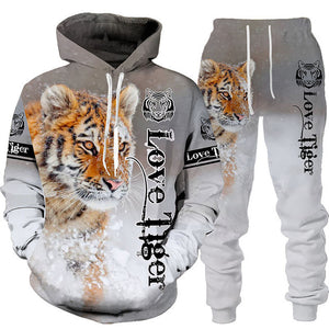 Unisex 2 Piece 3D Tiger Print Tracksuit Hoodie Set - Shirtafied