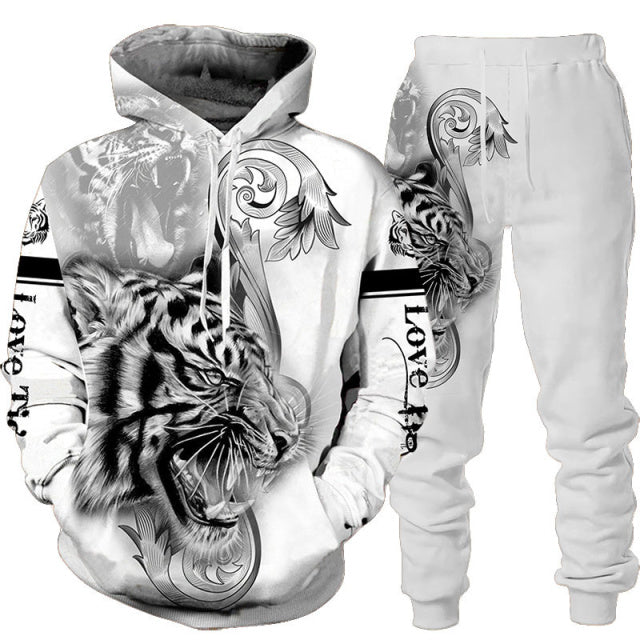 Unisex 2 Piece 3D Tiger Print Tracksuit Hoodie Set - Shirtafied