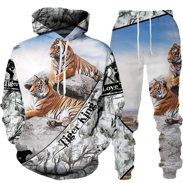 Unisex 2 Piece 3D Tiger Print Tracksuit Hoodie Set - Shirtafied