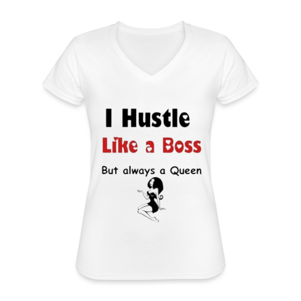 Women's V-Neck Hustle Like a Boss Print T Shirt - white