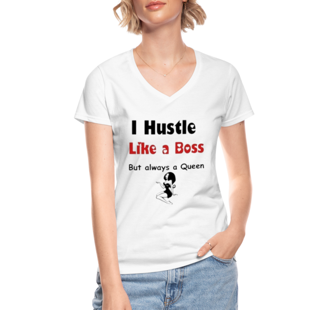 Women's V-Neck Hustle Like a Boss Print T Shirt - white