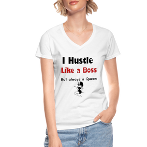 Women's V-Neck Hustle Like a Boss Print T Shirt - white