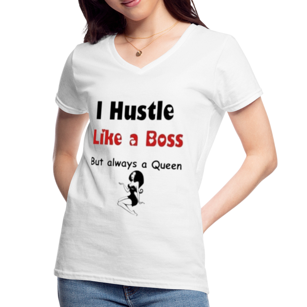 Women's V-Neck Hustle Like a Boss Print T Shirt - white