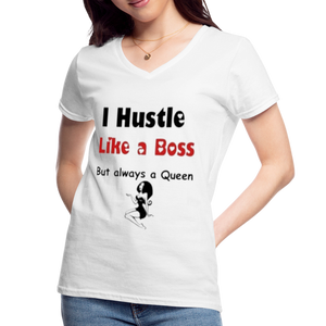 Women's V-Neck Hustle Like a Boss Print T Shirt - white