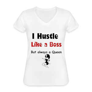 Women's V-Neck Hustle Like a Boss Print T Shirt - white