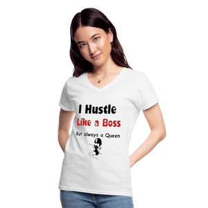 Women's V-Neck Hustle Like a Boss Print T Shirt - white