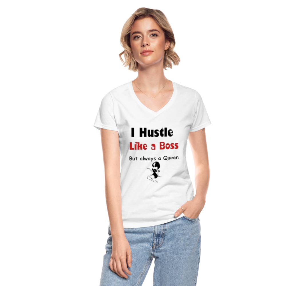 Women's V-Neck Hustle Like a Boss Print T Shirt - white