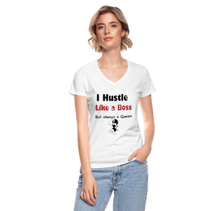 Women's V-Neck Hustle Like a Boss Print T Shirt - white